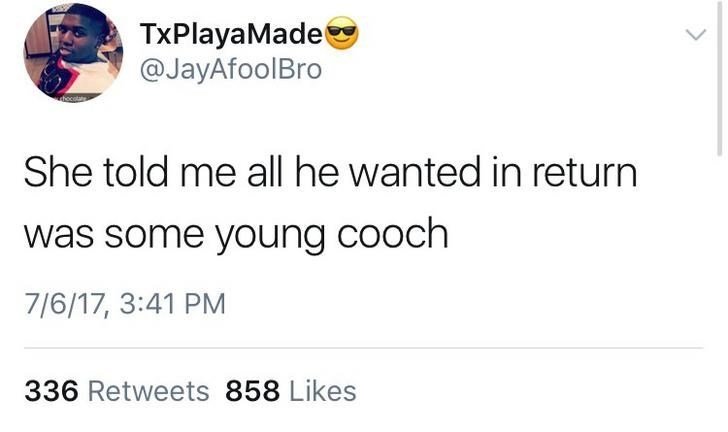 TxPlayaMade @JayAfoolBro She told me all he wanted in return was some young cooch 7/6/17, 3:41 PM 336 Retweets 858 Likes